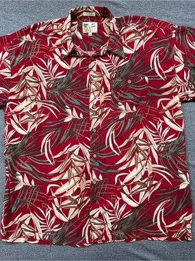 M.E. Sport Men's 2X Tropical Botanical Camp Shirt Red Palm Leaf 100% Rayon